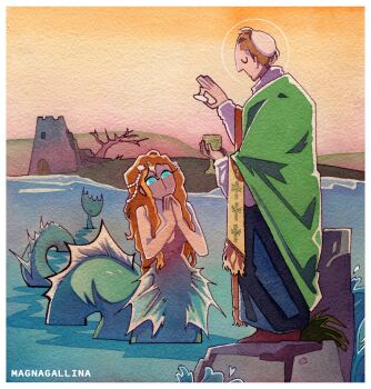 1boy 1girl blue_eyes bread brendan_the_navigator brown_hair chalice clam_shell closed_eyes cross cup fins fish_tail food halo highres holding holding_cup holding_food latin_cross magnagallina mermaid monster_girl orange_hair original own_hands_together priest robe rock stole string_of_pearls tail tower tree twitter_username water zucchetto