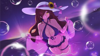 1girl absurdres bare_shoulders bikini breasts brown_hair bubble cleavage commentary commission commissioner_upload english_commentary eyelashes flower frilled_bikini frills hair_over_one_eye hat highres hip_bones holding_sarong in_water keldancon kono_subarashii_sekai_ni_shukufuku_wo! large_breasts long_hair looking_at_viewer navel purple_bikini purple_water sarong see-through_clothes see-through_sarong solo standing stomach sun_hat sunflower sunset swimsuit thigh_strap thighs wading wiz_(konosuba) yellow_eyes