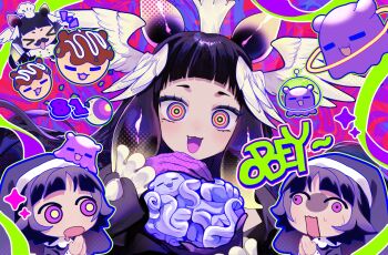 3girls asymmetrical_gloves black_hair blunt_bangs brain chef_hat colorful commentary creature_and_personification double_bun drooling english_commentary english_text fang feathered_wings food gloves gradient_hair green_eyes hair_bun hair_wings hat highres holding_brain hololive hololive_english light_blush long_hair looking_at_viewer mind_control mini_hat mole mole_under_eye mouth_drool multicolored_eyes multicolored_hair multiple_girls ninomae_ina'nis nun nun_headdress official_alternate_costume open_mouth orange_hair own_hands_together personification pink_eyes pochaimo polka_dot_gloves praying purple_eyes purple_gloves purple_hair ringed_eyes smile tako_takover_(ninomae_ina'nis) takodachi_(ninomae_ina'nis) takoyaki tentacle_hair virtual_youtuber white_hat white_wings wings