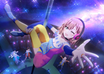 3d 4girls :d arm_up bare_shoulders black_hair blonde_hair blush boots breasts brown_hair cleavage collarbone crossed_legs detached_sleeves dress hair_over_one_eye hand_up headphones headset highres hinano_hoshikita holding holding_pole large_breasts lilia_saijo long_hair looking_at_viewer microphone multicolored_dress multicolored_hair multiple_girls nanyou_subaru one_eye_closed open_mouth pole pole_dancing pole_princess!! purple_hair short_hair sitting skirt sky smile star_(sky) starry_sky stripper stripper_pole thighhighs tousaka_mio twintails two-tone_hair zettai_ryouiki