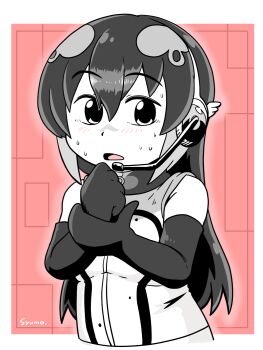 1girl african_penguin_(kemono_friends) bare_shoulders black_eyes black_hair blush elbow_gloves gloves headphones highres hood hoodie kemono_friends kemono_friends_v_project long_hair looking_at_viewer microphone multicolored_hair penguin_girl pink_background simple_background sleeveless solo sweat syumo upper_body virtual_youtuber zipper