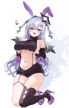 1girl absurdres adapted_costume alternate_costume amane_konata angel angel_wings animal_ears black_hair black_skirt black_sleeves black_sweater black_thighhighs breasts cable_knit colored_inner_hair cropped_sweater detached_sleeves fake_animal_ears fake_tail grabbing_own_breast grey_hair halo heart high_heels highres hololive large_breasts looking_at_viewer multicolored_hair navel o-ring o-ring_thigh_strap purple_eyes purple_hair purple_shoes rabbit_ears rabbit_tail shoes single_thighhigh skirt solo star_halo streaked_hair sweater tail thigh_strap thighhighs two-tone_hair two_side_up virtual_youtuber white_background wings ysnhryk