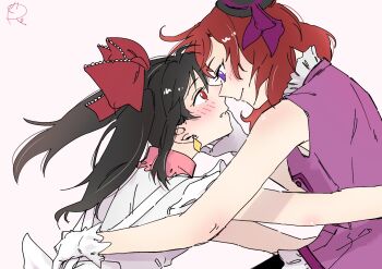 Rule 34 | 2girls, black hair, blush, bow, commentary request, dress, earrings, gloves, hair bow, hand on another's face, hand on another's waist, highres, jewelry, love live!, love live! school idol project, medium hair, multiple girls, nishikino maki, parted lips, purple dress, purple eyes, purple ribbon, red bow, red eyes, red hair, ribbon, surfacedxxc, twintails, white dress, white gloves, yazawa nico, yuri