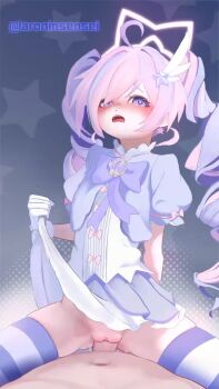 1boy 1girl ahoge animated blue_archive clothes_lift cowgirl_position dress dress_lift drill_hair erection halo heart heart-shaped_pupils highres lifting_own_clothes loli looking_at_viewer navel penis purple_eyes pussy rancidronin reisa_(blue_archive) reisa_(magical)_(blue_archive) sex straddling striped_clothes striped_thighhighs symbol-shaped_pupils tagme thighhighs twin_drills vaginal video