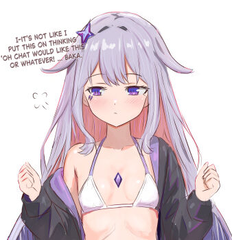 1girl :< alternate_costume averting_eyes bikini black_jacket breasts chest_jewel clenched_hands colored_inner_hair dot_nose double-parted_bangs english_text facing_viewer flygombal gem hair_flaps hair_ornament hands_up highres hololive hololive_english jacket jewel_under_eye koseki_bijou light_blush loli long_hair long_sleeves multicolored_hair off_shoulder open_clothes open_jacket pink_hair puff_of_air purple_eyes purple_gem purple_hair simple_background single_bare_shoulder small_breasts solo swimsuit tsundere two-tone_hair upper_body virtual_youtuber white_background white_bikini