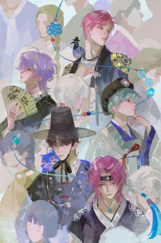 5boys abby_(kpop_demon_hunters) animal animal_on_shoulder baby_(kpop_demon_hunters) bird bird_on_shoulder black_hair bracelet commentary derpy_(kpop_demon_hunters) earrings english_commentary gat_(hat) hanbok hand_fan hat headband highres holding holding_fan jewelry jinu_(kpop_demon_hunters) kakyoriya korean_clothes kpop_demon_hunters multiple_boys mystery_(kpop_demon_hunters) people pink_hair purple_hair ring romance_(kpop_demon_hunters) sussie_(kpop_demon_hunters) tiger white_hair