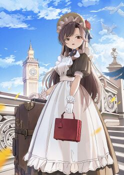 1girl animal apron bag bird blue_sky brown_dress brown_eyes brown_hair clock clock_tower cloud commentary_request day dress frilled_apron frills gloves highres holding holding_bag long_hair looking_at_viewer maid maid_apron original outdoors parted_lips petals puffy_short_sleeves puffy_sleeves shii_(kairi-t-k0317) short_sleeves sky solo stairs suitcase tower very_long_hair white_apron white_gloves