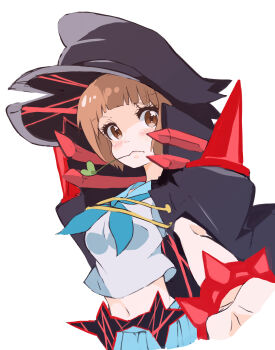 Rule 34 | 10s, 1girl, bad id, bad tumblr id, banchou, blue skirt, brown eyes, brown hair, delinquent, female focus, hat, highres, kill la kill, mankanshoku mako, midriff, navel, pianyca, school uniform, serafuku, short hair, skirt, solo