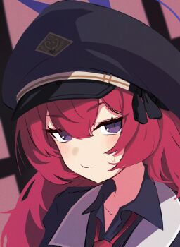 1girl absurdres black_hat black_shirt blue_archive blush closed_mouth collarbone collared_shirt commentary_request halo hat highres iroha_(blue_archive) kyurosuku long_hair looking_at_viewer necktie peaked_cap portrait purple_eyes red_hair red_necktie shirt solo sweat