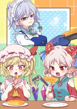 3girls apple_pie ascot blonde_hair blue_dress blush bow braid breasts closed_mouth commentary_request crystal crystal_wings curly_hair dress earrings eating fang flandre_scarlet food fork green_bow grey_hair hair_bow hat hat_ribbon holding holding_fork hoop_earrings horizontal_pupils horn_ornament horn_ribbon horns izayoi_sakuya jewelry kimi3735 long_hair maid maid_headdress mob_cap multicolored_wings multiple_girls one_side_up open_mouth oven_mitts pie plate pointy_ears purple_eyes red_eyes red_horns red_sleeves red_vest ribbon sharp_teeth sheep_horns short_sleeves smile steam teeth touhou toutetsu_yuuma twin_braids vest white_hat wings yellow_ascot