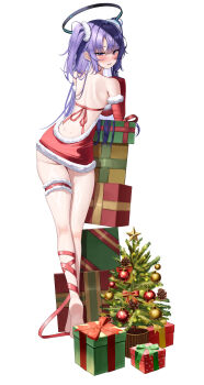 1girl absurdres backless_dress backless_outfit bare_back bare_shoulders barefoot black_halo blue_archive blush breasts closed_mouth commentary crossed_ankles dress elbow_gloves gloves hair_between_eyes halo highres hsxxx large_breasts long_hair parted_lips purple_eyes purple_hair red_gloves short_dress smile solo symbol-only_commentary two_side_up yuuka_(blue_archive)