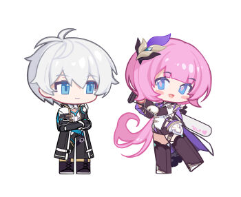 Rule 34 | 1boy, 1girl, baseball bat, black forest cake, black jacket, black pants, black shorts, blue eyes, cake, chibi, chibi only, corset, elysia (honkai impact), elysia (miss pink elf) (honkai impact), food, hair ornament, highres, holding, holding baseball bat, honkai (series), honkai impact 3rd, jacket, kevin kaslana, long hair, nizi w, pants, pink hair, short hair, short shorts, shorts, simple background, white background, white corset, white hair