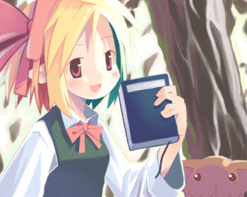 :d analogous_colors archived_source asami_natsuhito blonde_hair blush book bookmark bow bowtie brown_eyes collared_shirt commentary doll english_commentary green_sweater_vest harada_takehito_(style) holding holding_book long_sleeves looking_at_viewer lowres mr._smith no_sclera open_mouth original red_bow red_bowtie red_eyes shirt short_hair sleeve_cuffs smile solid_eyes sophy sweater_vest tongue tree white_sleeves wide_sleeves wing_collar