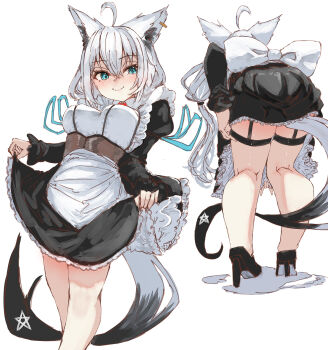 1girl absurdres ahoge alternate_costume animal_ear_fluff animal_ears apron aqua_eyes back_bow black_dress blush bow commentary_request dress earrings fox_ears fox_girl fox_tail frilled_dress frills hair_between_eyes highres hololive jewelry long_hair long_sleeves maid maid_apron multiple_views pentagram shirakami_fubuki single_earring smile tail tazrn1 virtual_youtuber white_bow