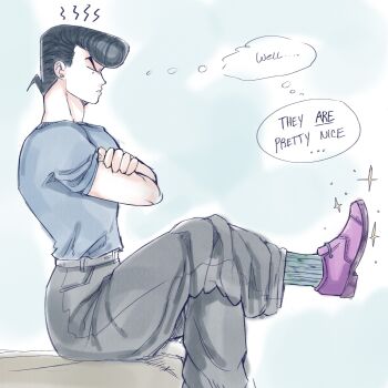Rule 34 | 1boy, adam's apple, angry, baggy pants, belt, diamond wa kudakenai, from side, frown, higashikata josuke, high-waist pants, highres, jojo no kimyou na bouken, male focus, pants, pompadour, purple shoes, rimmybone, shirt, shoes, sitting, sketch, socks, solo, sparkle, speech bubble, t-shirt, thought bubble