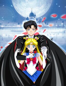 1boy 1girl anello81 bishoujo_senshi_sailor_moon black_cape black_coat black_hair blonde_hair blue_eyes blue_sailor_collar bow bowtie cape chiba_mamoru choker coat cosmic_heart_compact double_bun earrings elbow_gloves falling_petals flower gloves hair_bun hair_ornament hat heart heart_choker highres jewelry long_hair parted_bangs petals red_bow red_choker red_flower red_rose rose sailor_collar sailor_moon sailor_senshi_uniform short_hair skirt smile solo tsukino_usagi tuxedo tuxedo_kamen twintails white_bow white_bowtie white_gloves