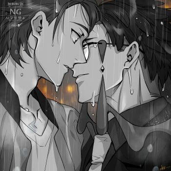 2boys adam's_apple collared_shirt commentary_request corbeau_(pokemon) glasses highres imminent_kiss jacket male_focus multiple_boys necktie nintendo parted_lips paxton_(pokemon) pokemon pokemon_legends:_z-a profile rain shirt short_hair upper_body v-neck watermark wet wet_hair wing_collar yaoi zhr_000g