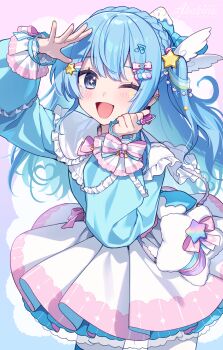 1girl akabino bag blue_eyes blue_hair blue_nails blue_shirt blush bow braid commentary_request cowboy_shot crown_braid frills hair_ornament highres hololive hoshimachi_suisei idol_clothes layered_skirt long_hair long_sleeves looking_at_viewer multicolored_nails official_alternate_costume one_eye_closed open_mouth pantyhose pink_bow shirt skirt smile solo star_(symbol) star_hair_ornament star_in_eye super_idol_comet-chan symbol_in_eye virtual_youtuber white_pantyhose white_skirt wing_hair_ornament