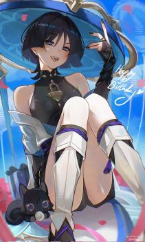 1boy akumana animalization arm_at_side armor armpit_crease belt black_belt black_bodysuit black_bridal_gauntlets black_cat black_hair black_nails black_ribbon black_sandals black_shorts blue_hair blue_hat blue_kimono blue_pupils blue_sleeves blunt_ends bodysuit box bridal_gauntlets cat choppy_bangs commentary covered_collarbone english_commentary eyeliner falling_petals furisode genshin_impact gift gift_box glint gold gold_ring hand_up happy_birthday hat highres japanese_armor japanese_clothes jingasa juban kimono knees_together_feet_apart knees_up kote kurokote layered_sleeves leg_warmers looking_at_viewer makeup male_focus mandarin_collar middle_ring multicolored_hair off_shoulder open_clothes open_kimono person_and_animalization petals pink_petals pink_ribbon purple_eyes purple_rope purple_sash red_eyeliner ribbon rope sandals sash scaramouche_(cat)_(genshin_impact) scaramouche_(genshin_impact) short_sleeves shorts signature sitting stirrup_legwear streaked_hair teeth toeless_legwear tongue tongue_out twitter_username upper_teeth_only wanderer_(genshin_impact) white_kimono white_leg_warmers white_sleeves zouri