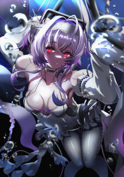 1girl absurdres ahoge air_bubble blush breasts bubble cleavage collar covered_navel detached_sleeves frills goddess_of_victory:_nikke hair_between_eyes hair_intakes hairband hands_up headgear highres kappaako leotard liberalio_(nikke) looking_at_viewer pantyhose purple_hair red_eyes short_hair_with_long_locks sleeves_past_fingers sleeves_past_wrists small_breasts solo twintails underwater white_collar white_leotard white_pantyhose white_sleeves