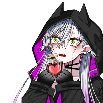 Rule 34 | 1girl, black hands, black jacket, blush, body markings, chocolate, choker, colored extremities, commentary request, crossed bangs, demon girl, demon horns, ear piercing, fate/grand order, fate (series), green eyes, grey hair, hair between eyes, highres, hood, horns, jacket, lilith (fate), lilith (first ascension) (fate), long hair, long sleeves, low twintails, mcpc zamurai, open mouth, piercing, solo, twintails