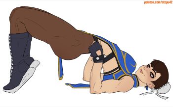 Rule 34 | 1girl, ass, bare shoulders, black eyeliner, black eyeshadow, black gloves, blue dress, blush, body bridge, boots, bracelet, breasts, brown eyes, brown hair, brown pantyhose, capcom, china dress, chinese clothes, chun-li, closed mouth, commentary, dress, earrings, english commentary, eyeliner, eyeshadow, fingerless gloves, from side, gloves, grey boots, hair bun, highres, jewelry, lips, makeup, medium breasts, pantyhose, patreon username, short hair, simple background, smile, solo, spiked bracelet, spikes, stopu, street fighter, thick thighs, thighs, toned, toned female, white background