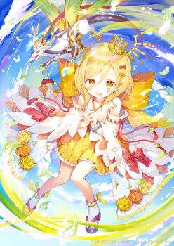 1girl aged_down bangle bare_shoulders blonde_hair bow bracelet copyright_notice crown detached_sleeves dragon feathers hair_bow hair_horns ibara_riato japanese_clothes jewelry medium_hair miko nino_(z/x) official_art open_mouth orange_bow red_bow sandals socks white_feathers white_socks yellow_eyes z/x zouri