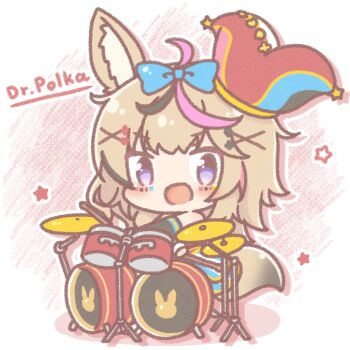 Rule 34 | 1girl, :d, animal ears, bare shoulders, black gloves, black hair, blue bow, bow, chibi, club hair ornament, colored shadow, commentary request, cymbals, diamond hair ornament, drop shadow, drum, drum set, drumsticks, elbow gloves, fox ears, fox girl, fox tail, gloves, hair bow, hair ornament, hairclip, hat, heart, heart hair ornament, highres, hololive, instrument, jester cap, mitarashi neko, multicolored hair, music, omaru polka, omaru polka (1st costume), open mouth, pink hair, playing instrument, purple eyes, shadow, sitting, smile, solo, spade hair ornament, star (symbol), streaked hair, tail, tilted headwear, virtual youtuber, x hair ornament