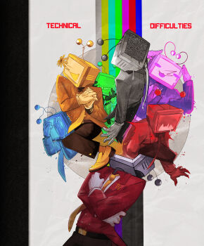 6+boys absurdres ant_tenna belt belt_buckle black_belt black_pants blush_stickers buckle claws closed_mouth collared_shirt commentary crt deltarune english_commentary fang flower gloves highres long_nose male_focus multiple_boys necktie object_head open_mouth pants pointy_nose radio_antenna shirt smile static tailcoat technical_difficulties test_card tongue tongue_out utdr_(toby_fox) vokoy white_background white_gloves white_shirt yellow_necktie