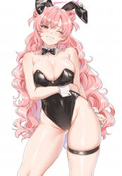 Rule 34 | 1girl, alternate costume, animal ears, arm under breasts, bare arms, bare shoulders, black bow, black bowtie, black leotard, blue archive, blush, bow, bowtie, breasts, cleavage, collarbone, commentary request, detached collar, double bun, fake animal ears, fangxiang cuoluan, hair bun, highleg, highleg leotard, highres, kirara (blue archive), large breasts, leotard, long hair, looking at viewer, one eye closed, pink hair, playboy bunny, rabbit ears, red eyes, simple background, smile, solo, thigh strap, thighs, white background, wrist cuffs
