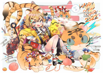 1girl :d animal_ears black_sandals blonde_hair blush_stickers commentary_request double-parted_bangs fang food fruit full_body hair_between_eyes happy_new_year japanese_clothes kimono long_sleeves looking_at_viewer mandarin_orange new_year okobo open_mouth original platform_sandals sandals short_hair short_shorts shorts smile socks solo steamed_bun tail thick_eyebrows tiger tiger_ears tiger_girl tiger_tail tsunoju white_shorts white_socks wide_sleeves yarn yarn_ball yellow_kimono