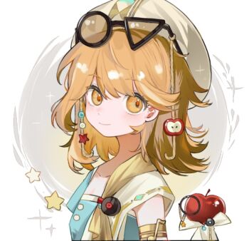 1girl apple apple_(reverse:1999) armlet asymmetrical_eyewear beret black-framed_eyewear blue_dress closed_mouth dress eyewear_on_head eyewear_strap food fruit hat jewelry looking_at_viewer monocle orange_eyes orange_hair portrait regulus_(reverse:1999) reverse:1999 short_hair short_sleeves smile solo star_(symbol) triangular_eyewear white_background white_hat zhizhi_(surri79797)