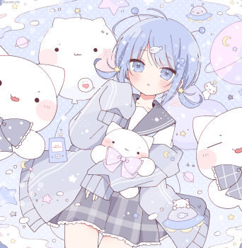 1girl ahoge antennae black_sailor_collar black_skirt blue_eyes blue_hair blush commentary cowboy_shot eyes_visible_through_hair fish_hair_ornament frilled_skirt frills grey_jacket hair_ornament highres hinase01 holding holding_stuffed_toy jacket jacket_partially_removed long_sleeves looking_at_viewer open_clothes open_jacket original parted_lips pastel_colors plaid_clothes plaid_skirt pleated_skirt sailor_collar school_uniform serafuku shirt short_hair short_twintails skirt sleeves_past_fingers sleeves_past_wrists solo star_(symbol) star_hair_ornament stuffed_animal stuffed_cat stuffed_toy track_jacket twintails white_shirt z_hair_ornament