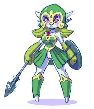 1girl armor bare_shoulders belt blush breastplate breasts colored_skin exhibitionism gardevoir gen_3_pokemon green_armor green_hair green_helmet green_skirt helmet holding holding_polearm holding_shield holding_weapon knight large_breasts leg_armor miniskirt nintendo open_clothes open_skirt plate_armor pokemon pokemon_(creature) polearm public_indecency pussy red_eyes serious shade shield simple_background skirt spear weapon what&#039;s_a_lewd? white_background white_skin