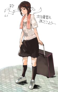 1girl black_skirt black_socks bra_visible_through_clothes breasts brown_eyes brown_hair character_request check_character check_copyright closed_mouth collarbone commentary_request copyright_request full_body kneehighs ogros original rolling_suitcase shirt shoes short_hair short_sleeves skirt skirt_hold small_breasts sneakers socks solo standing suitcase sweaty_clothes t-shirt towel towel_around_neck translation_request white_background white_shoes white_skirt