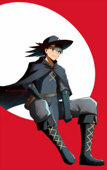 1boy ash_ketchum black_boots black_cape black_gloves black_hair black_tunic boots cape closed_mouth commentary commission cosplay gloves grey_pants grey_shirt hat highres invisible_chair jcstr male_focus nintendo orange_eyes pants pokemon pokemon:_lucario_and_the_mystery_of_mew pokemon_(anime) pokemon_rse_(anime) shirt sir_aaron sir_aaron_(cosplay) sitting tunic