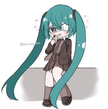 1girl :3 absurdly_long_hair black_eyes blazer blue_hair blush_stickers cellphone commentary_request eyepatch full_body hair_ornament hatsune_miku heart heart-shaped_pupils highres holding holding_phone jacket loafers long_hair long_sleeves looking_to_the_side maro_maro_3939 medical_eyepatch monitoring_(vocaloid) open_clothes open_jacket open_mouth phone pleated_skirt school_uniform shoes sitting skirt smartphone smile socks solo symbol-shaped_pupils twintails twitter_username very_long_hair vocaloid