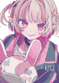 Rule 34 | 1girl, animal ear helmet, animal ears, animal helmet, black collar, black jacket, blunt bangs, blush, chain, chain necklace, collar, collarbone, colored inner hair, ear cuffs, fake animal ears, fang, grey hair, hair bobbles, hair ornament, heart, heart sticker, helmet, highres, holding, holding unworn helmet, jacket, jewelry, looking at viewer, makaino ririmu, makaino ririmu (6th costume), multicolored hair, necklace, neneko asa, nijisanji, no headwear, open clothes, open jacket, parted lips, pendant, pink hair, pink jacket, plaid clothes, pointy ears, rabbit ears, red eyes, short hair, simple background, skin fang, smirk, solo, space helmet, spiked collar, spikes, star (symbol), star sticker, sticker, streaked hair, tank top, two-sided fabric, two-sided jacket, two side up, unworn headwear, unworn helmet, upper body, upturned eyes, virtual youtuber, white background, white helmet, wolf cut