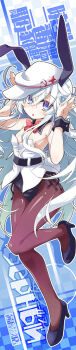 10s 1girl adapted_costume akaneya alternate_costume animal_ears blue_eyes fake_animal_ears female_focus hat hibiki_(kancolle) kantai_collection kemonomimi_mode long_hair looking_at_viewer pantyhose playboy_bunny rabbit_ears rabbit_pose solo translation_request verniy_(kancolle) white_hair