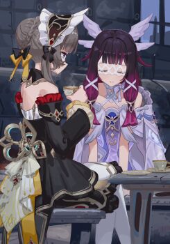 Rule 34 | 2girls, absurdres, anisakisu, bare shoulders, black bow, black collar, black dress, black hair, blue eyes, bow, brown hair, chair, choker, closed eyes, closed mouth, collar, columbina (genshin impact), commentary request, crossed legs, cup, detached collar, detached sleeves, dress, eye mask, genshin impact, hair bow, hair ornament, headdress, highres, holding, holding cup, mask, multicolored hair, multiple girls, outdoors, pantyhose, purple hair, ribbon, ribbon choker, sandrone (genshin impact), sitting, table, teacup, two-tone hair, white dress, white headdress, white pantyhose, white ribbon, wing hair ornament, x hair ornament