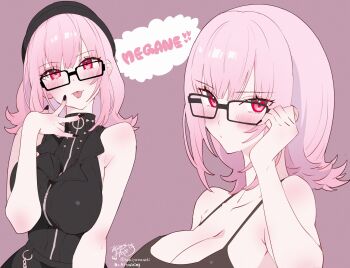 1girl alternate_costume bare_shoulders beanie black_bodysuit black_jumpsuit bodysuit breasts cleavage glasses hat highres hololive hololive_english jacket jumpsuit kamiya_maneki large_breasts looking_at_viewer mori_calliope mori_calliope_(the_story_thus_far) official_alternate_costume official_alternate_hairstyle open_mouth pink_eyes pink_hair red_eyes short_hair simple_background sleeveless_jumpsuit smile solo twitter_username two-sided_fabric two-sided_jacket virtual_youtuber wolf_cut