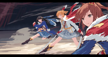 3girls aijou_karen black_hair blonde_hair blue_jacket brown_hair closed_mouth commentary crown dagger daiba_nana dual_wielding fur-trimmed_jacket fur_trim green_eyes grey_eyes grey_skirt highres holding holding_dagger holding_knife holding_sword holding_weapon jacket jacket_on_shoulders kagura_hikari knife long_hair long_sleeves medium_hair mini_crown miniskirt multiple_girls red_jacket short_hair shoujo_kageki_revue_starlight skirt smear_frame sparkle_hair_ornament sword twintails two_side_up v-shaped_eyebrows weapon yukitake_(bullfalk)