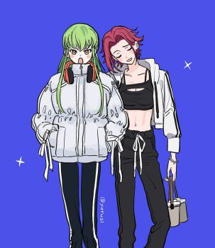 2girls black_pants black_shirt blue_background blush_stickers breasts c.c. cleavage cleavage_cutout closed_eyes clothing_cutout coat code_geass crop_top cup feet_out_of_frame green_hair hands_in_pockets highres holding holding_cup jacket kouzuki_kallen long_hair medium_breasts midriff multiple_girls navel open_clothes open_jacket open_mouth pants parted_bangs pink_hair shirt short_hair sidelocks smile sparkle track_pants twitter_username white_coat yellow_eyes yorusl