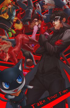 10s 3boys 4girls amamiya_ren black_jacket boots cat cat_mask domino_mask everyone eye_mask fox_(persona_5) fox_mask goggles hat hat_feather highres jacket joker_(persona_5) kitagawa_yuusuke looking_at_viewer mask morgana_(persona_5) multiple_boys multiple_girls niijima_makoto noir_(persona_5) okumura_haru oracle_(persona_5) panther_(persona_5) parted_lips persona persona_5 queen_(persona_5) sakamoto_ryuuji sakura_futaba scarf skull_(persona_5) smile takamaki_anne thigh_boots thighhighs unworn_mask upside-down whispwill