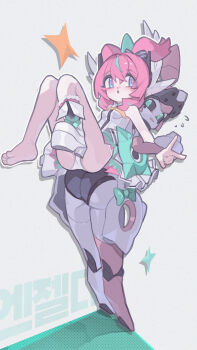 2girls 2ho absurdres ass barefoot blue_eyes boots breasts feet flying_sweatdrops highres humanoid_robot lifting_person long_hair multiple_girls open_mouth panties pink_hair robot robot_girl shirt single_boot sleeveless sleeveless_shirt small_breasts standing underwear white_boots white_panties yutane_johiel zenless_zone_zero