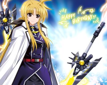 absurdres bardiche_(nanoha) bardiche_(riot_blade_ii)_(nanoha) belt blonde_hair buttons cape closed_mouth coat commentary_request cowboy_shot double-breasted english_text fate_testarossa hair_between_eyes hair_intakes happy_birthday higa_yukari highres long_hair long_sidelocks looking_at_viewer lyrical_nanoha mahou_senki_lyrical_nanoha_force military_coat parted_bangs purple_coat red_belt red_eyes sidelocks simple_background smile tsab_executive_military_uniform upper_body very_long_hair white_cape