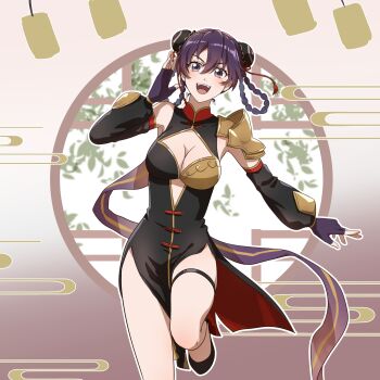 1girl :d alternate_costume alternate_hairstyle bambietta_basterbine bare_shoulders black_gloves black_hair bleach bleach:_brave_souls bleach:_sennen_kessen-hen blush braid braided_hair_rings breasts bun_cover china_dress chinese_clothes cleavage cleavage_cutout clothing_cutout commentary deadman70232800 detached_sleeves double_bun dress fingerless_gloves foot_out_of_frame gloves grey_eyes hair_bun hair_rings hand_up highres large_breasts long_hair long_sleeves looking_at_viewer official_alternate_costume open_hand open_mouth outline pelvic_curtain puffy_long_sleeves puffy_sleeves round_window simple_background skindentation sleeveless sleeveless_dress smile solo standing standing_on_one_leg teeth thigh_strap thighs upper_teeth_only v-shaped_eyebrows white_outline window