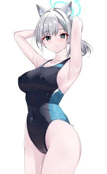 1girl absurdres animal_ear_fluff animal_ears arms_behind_head black_one-piece_swimsuit blue_archive blue_eyes breasts competition_swimsuit covered_navel cowboy_shot cross_hair_ornament extra_ears grey_hair hair_ornament halo highres looking_at_viewer low_ponytail medium_breasts medium_hair mismatched_pupils multicolored_swimsuit official_alternate_costume one-piece_swimsuit ponytail rlayuta shiroko_(blue_archive) shiroko_(swimsuit)_(blue_archive) simple_background solo swimsuit white_background wolf_ears