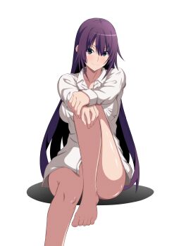 1girl absurdres bakemonogatari bare_legs barefoot blue_eyes breasts closed_mouth collared_shirt commentary_request hand_on_own_knee highres kakukakusan knee_up large_breasts long_hair monogatari_(series) naked_shirt purple_hair senjougahara_hitagi shirt simple_background sitting smile solo very_long_hair white_background white_shirt