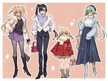 4girls ahoge alternate_costume alternate_hairstyle bag beret black_boots black_hair black_hat black_pants black_pantyhose black_shirt black_shoes blonde_hair blue_eyes blue_jacket blue_shirt blue_skirt boots braid brown_bag brown_boots contemporary eyepatch fischl_(genshin_impact) full_body fur_scarf genshin_impact glasses green_eyes green_hair handbag hat high-waist_skirt high_heel_boots high_heels highres jacket klee_(genshin_impact) long_hair long_sleeves mona_(genshin_impact) multiple_girls ojo_aa open_clothes open_jacket pants pantyhose patterned plaid_background pointy_ears ponytail purple_bag purple_skirt red_bag red_eyes red_jacket shirt shoes short_twintails side_ponytail skirt sucrose_(genshin_impact) twin_braids twintails white_jacket white_shirt white_shoes yellow_eyes